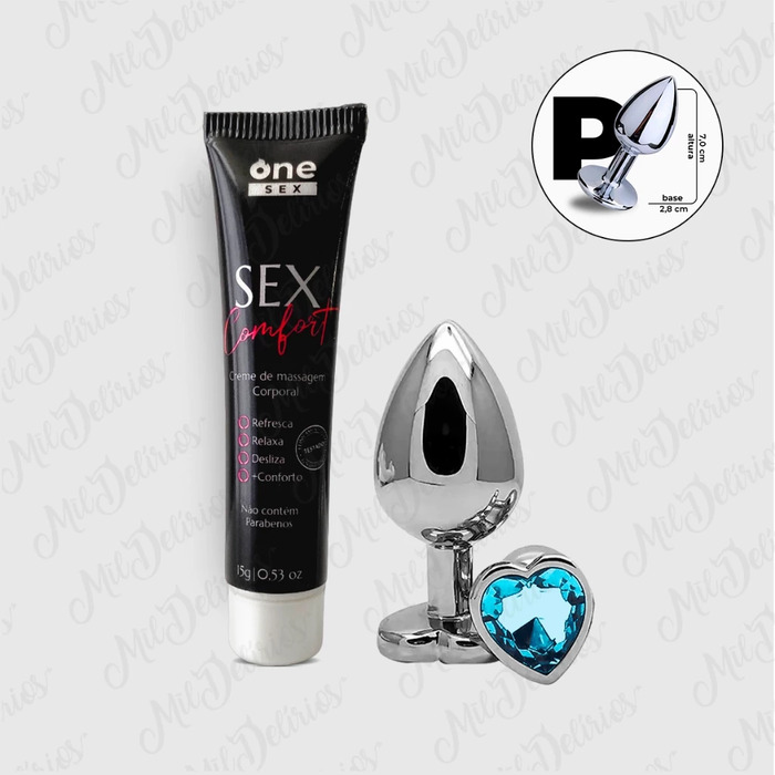 Kit Iniciante Plug Anal P Formato Coração + Gel Lubrificante Anal Sex Comfort