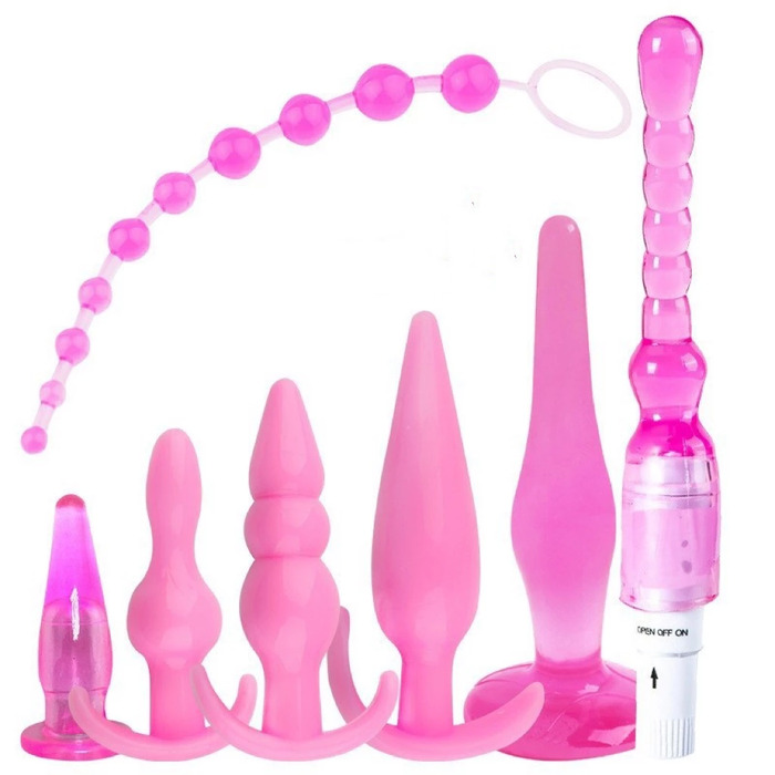 Kit 7 Plug Anal Silicone Material Macio com 1 Vibrador Multivelocidade